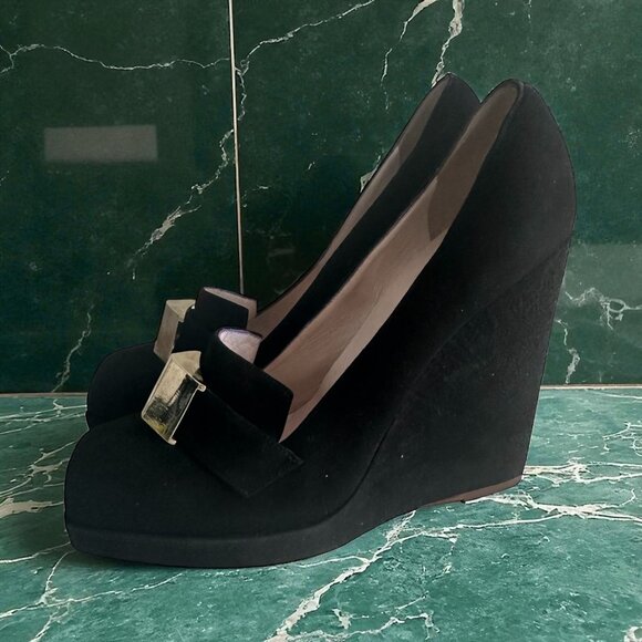 EMILIO PUCCI Vintage Gold Black Suede Loafers Wedges Size 38 / US 8 - Picture 1 of 8